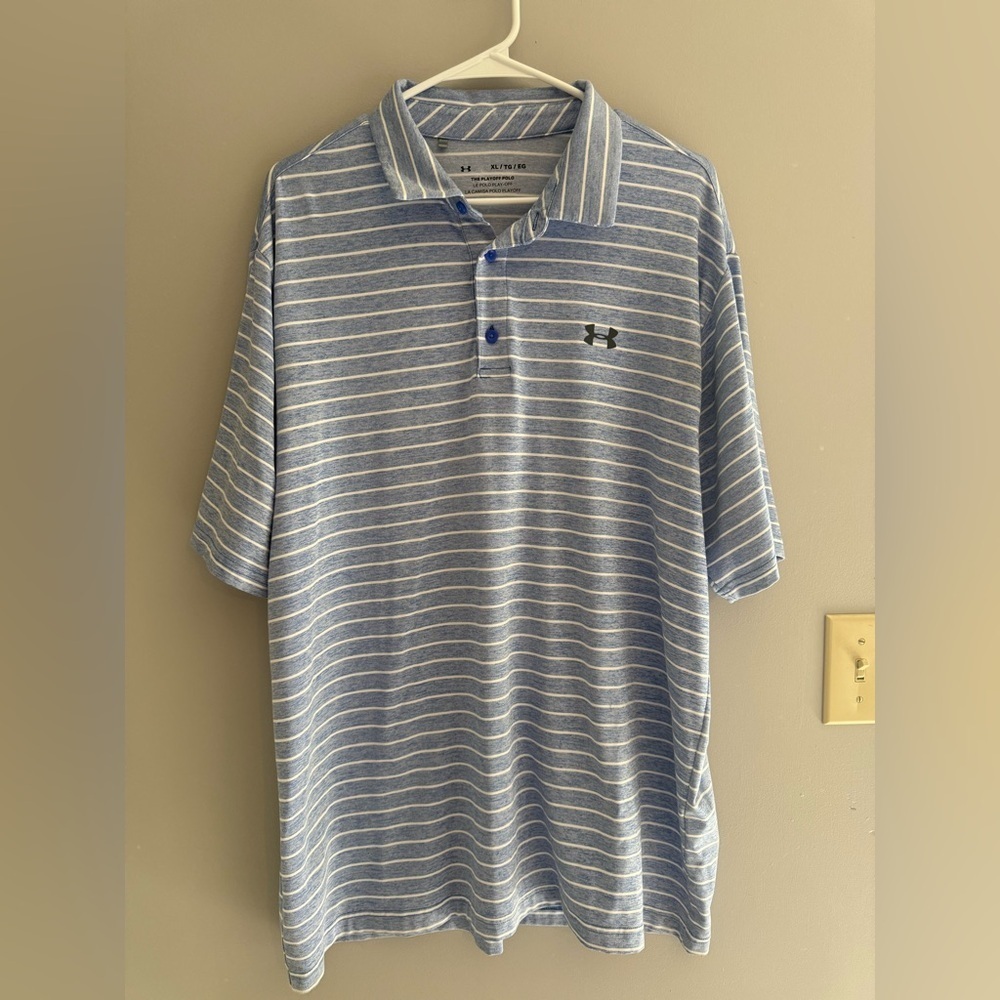 Under Armor Mens Blue White Striped Play Off Polo SZ XL Short Sleeve Collared